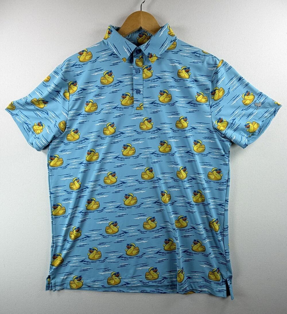 Birdie Bound Men’s Golf Polo Shirt Rubber Duck Graphic Print Blue Size Medium